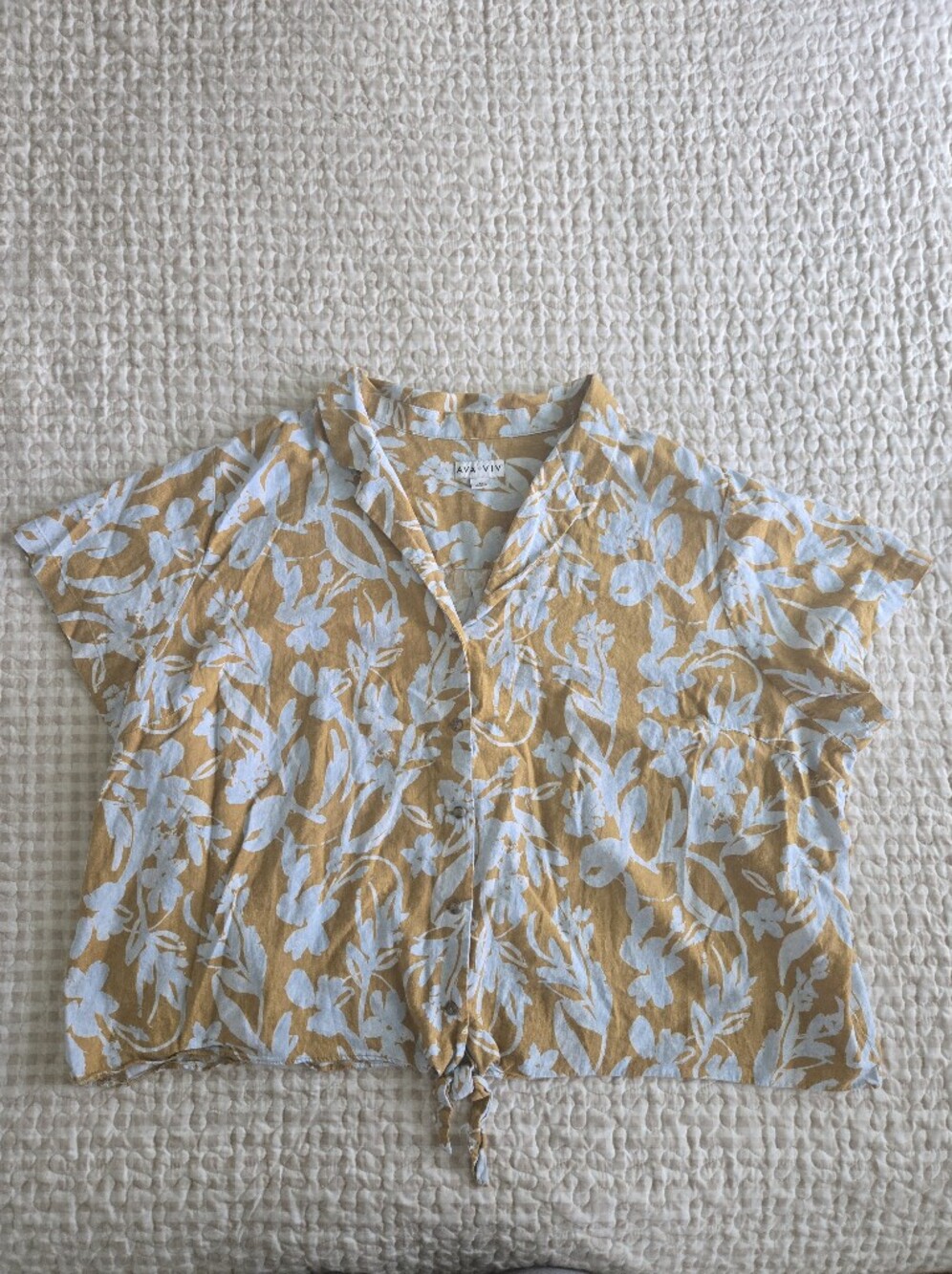 Mustard Yellow and Blue Floral Tie-Front, Button Front Top, Casual, 4X, Linen